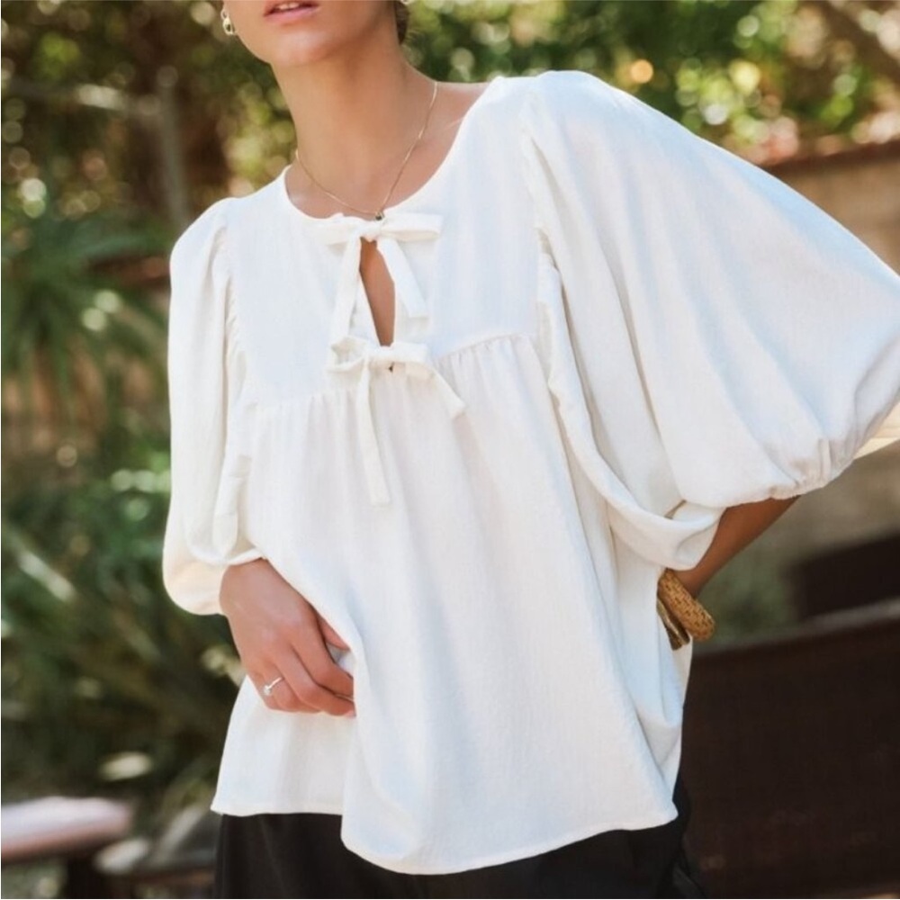 F6 Cream Ivory Tie Front Bow Balloon Sleeve Top